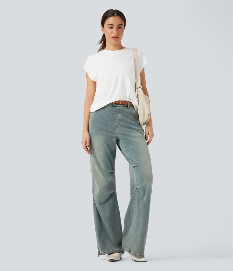 Round Neck Cap Sleeve Casual Top