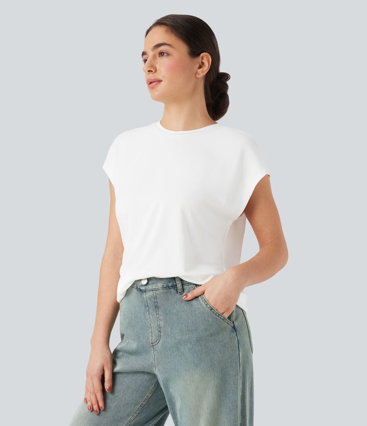 Round Neck Cap Sleeve Casual Top