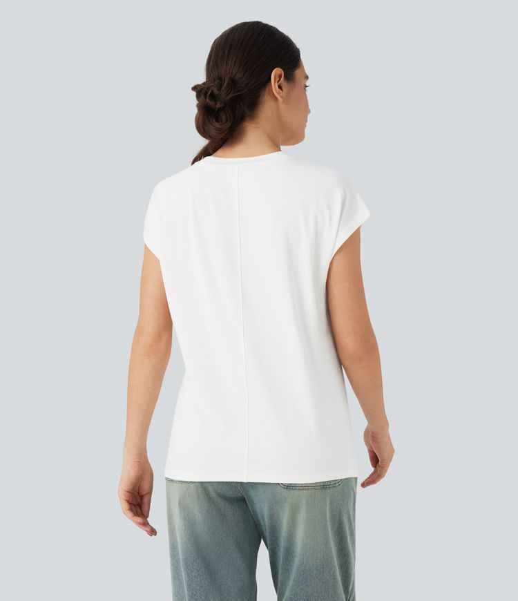 Round Neck Cap Sleeve Casual Top