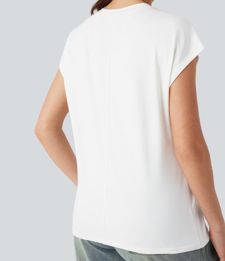 Round Neck Cap Sleeve Casual Top