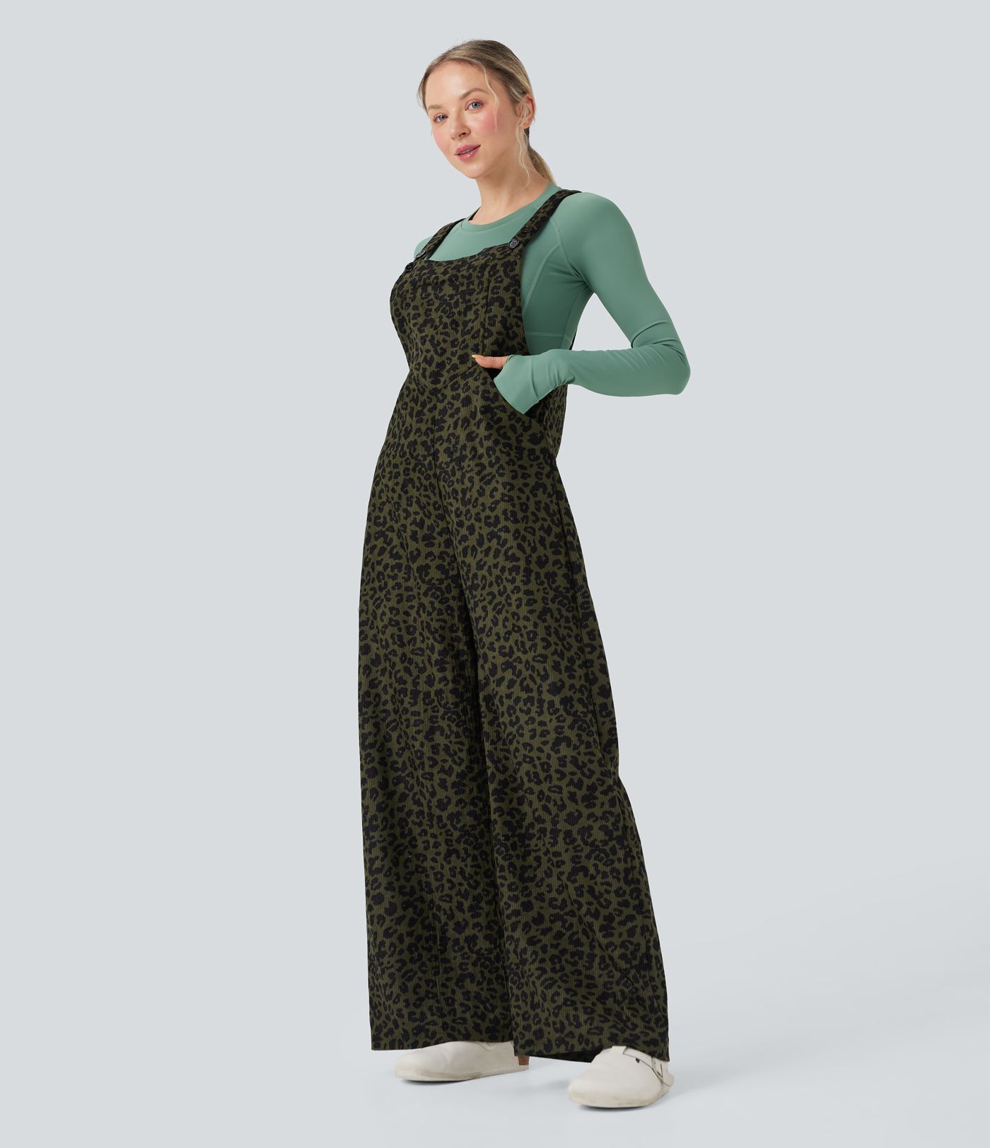Leopard Print Corduroy Relaxed Casual Overalls with Pockets