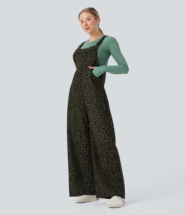 Leopard Print Corduroy Relaxed Casual Overalls with Pockets