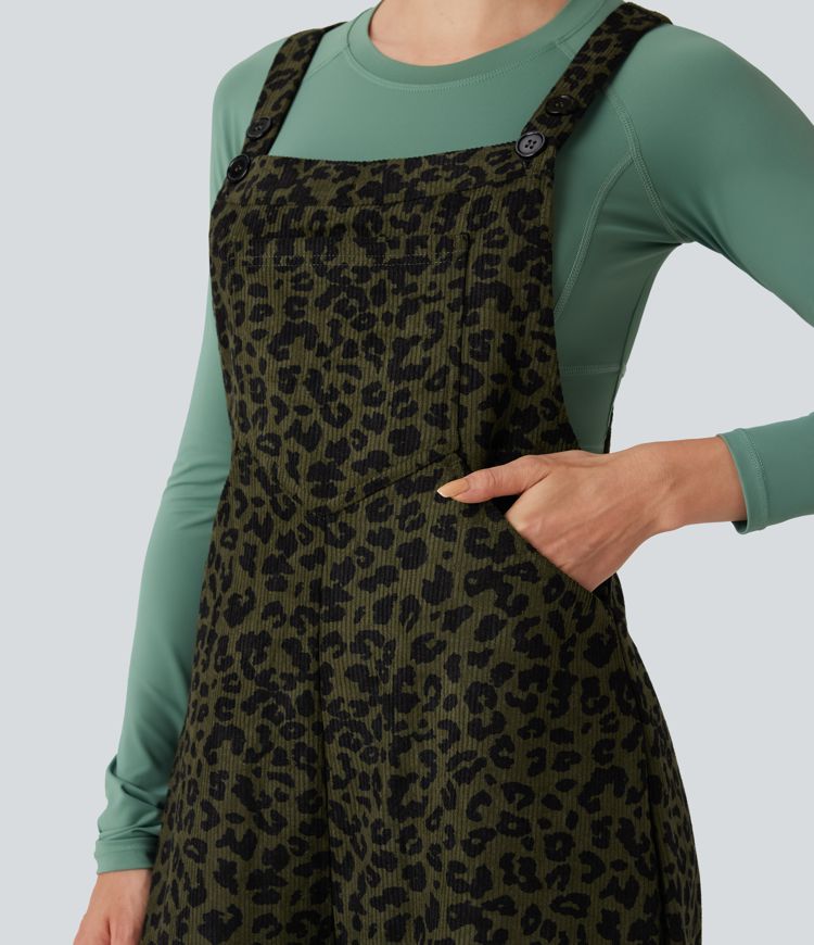Leopard Print Corduroy Relaxed Casual Overalls with Pockets