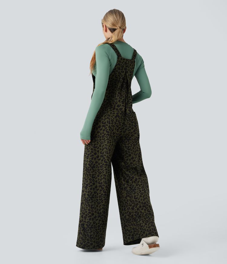 Leopard Print Corduroy Relaxed Casual Overalls with Pockets