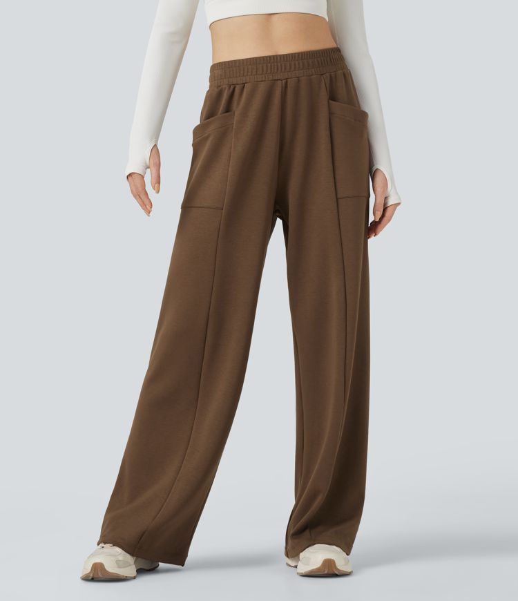 High Waisted Straight Leg Yoga Trousers with Pockets