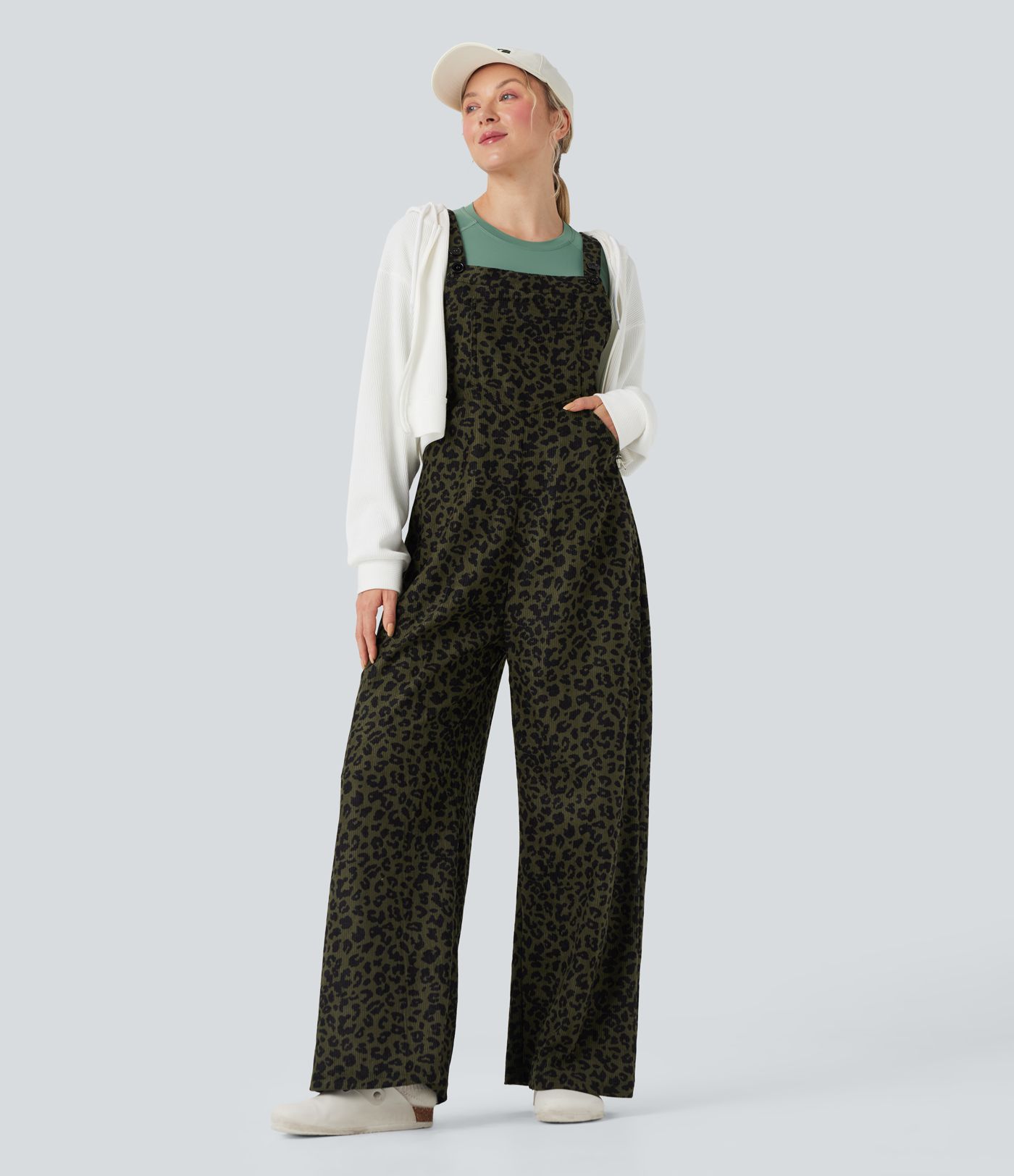 Leopard Print Corduroy Relaxed Casual Overalls with Pockets