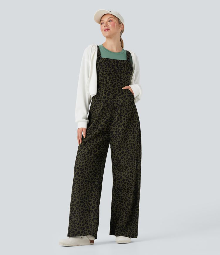 Jumpsuit casual holgado de pana con estampado de leopardo y bolsillos