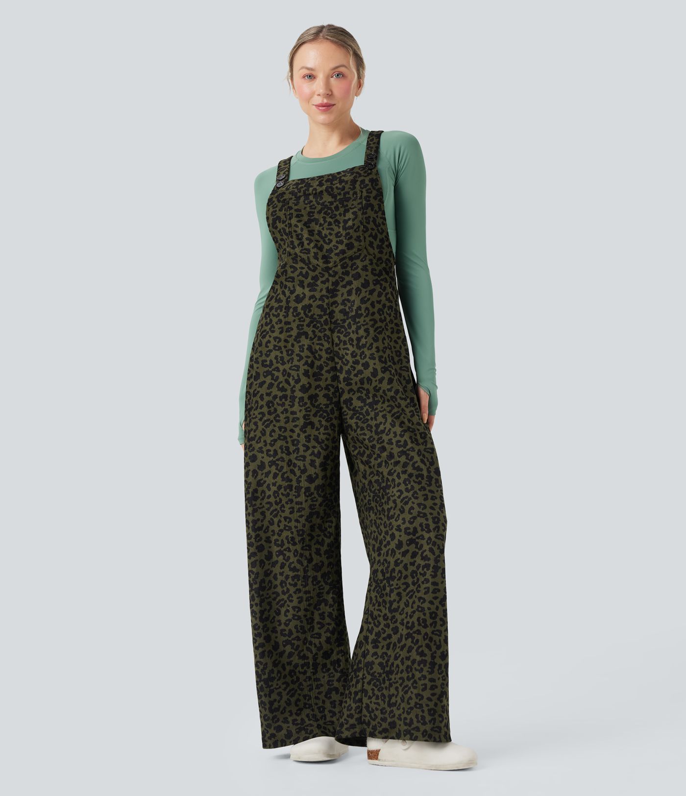 Leopard Print Corduroy Relaxed Casual Overalls with Pockets