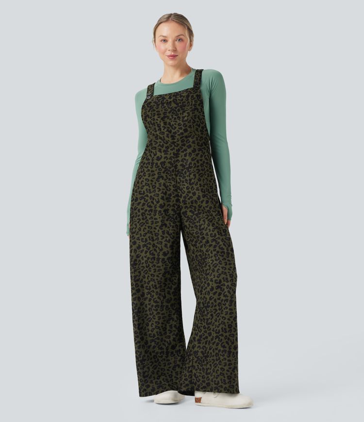 Leopard Print Corduroy Relaxed Casual Overalls with Pockets