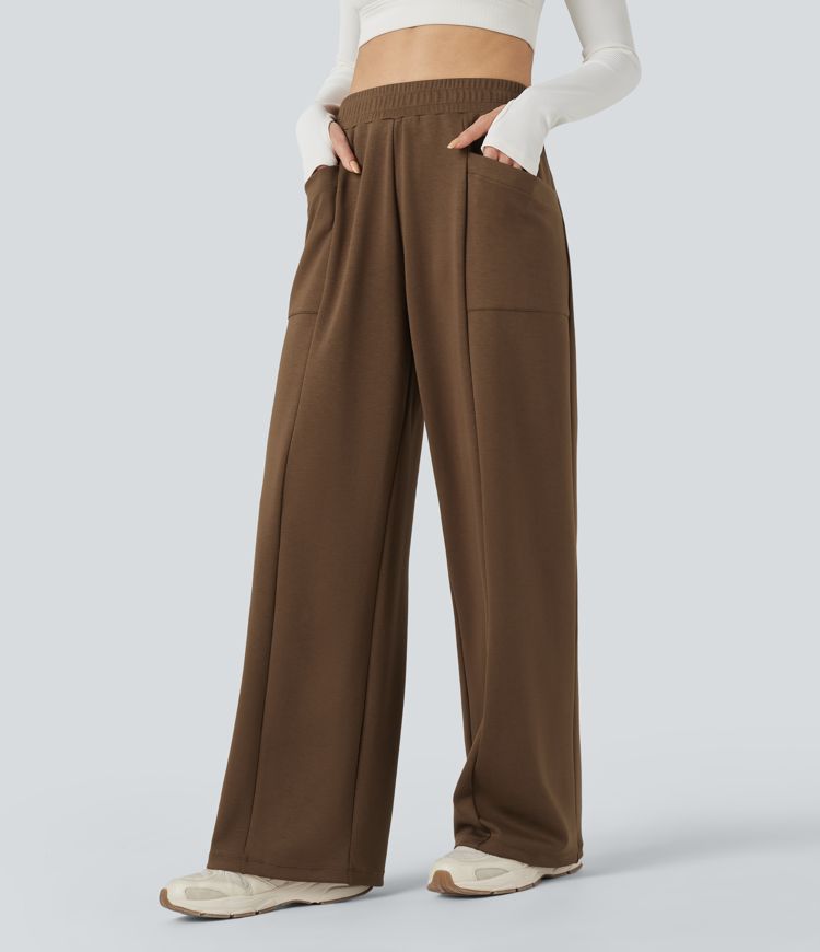 High Waisted Straight Leg Yoga Trousers with Pockets