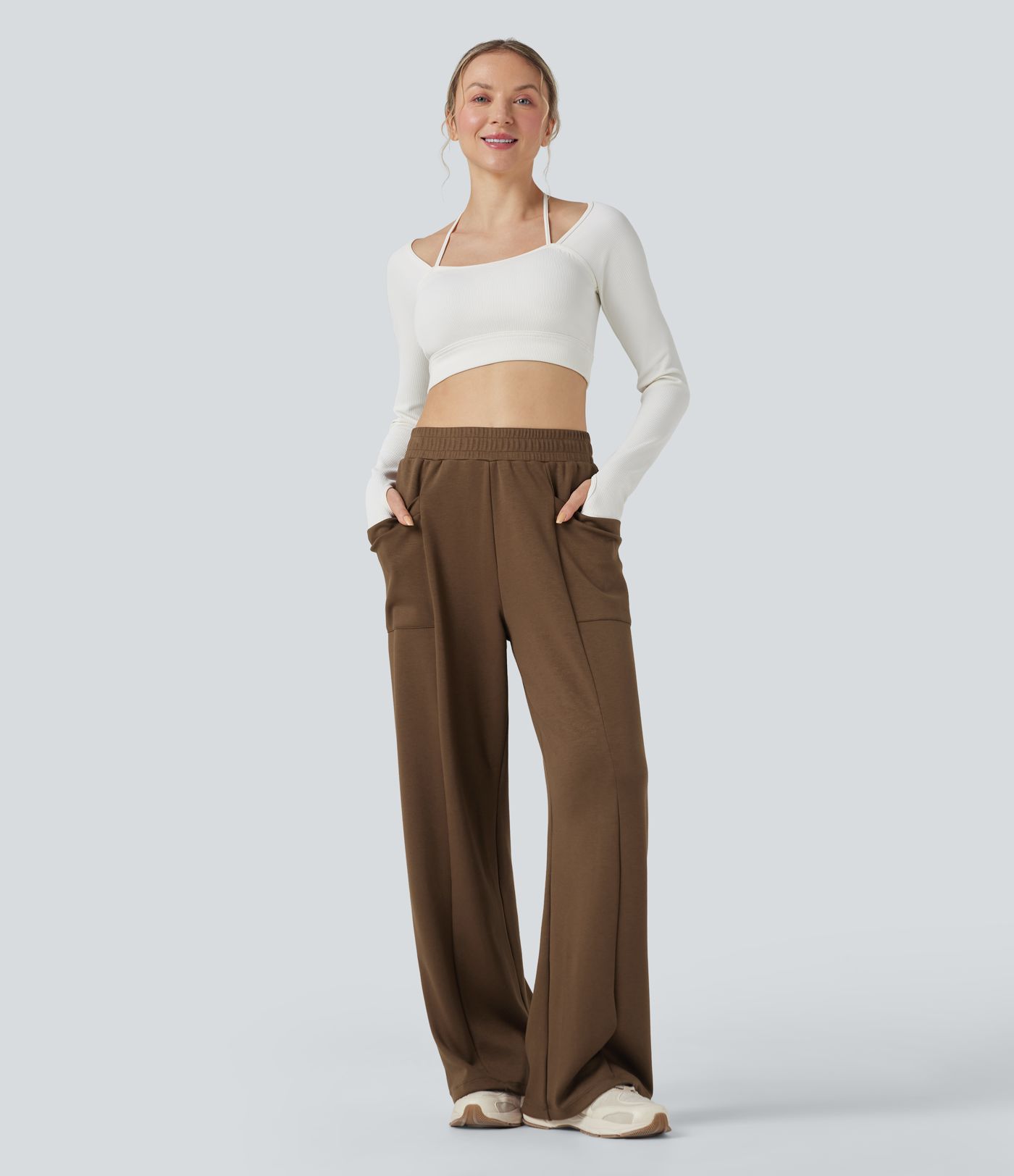 High Waisted Straight Leg Yoga Trousers with Pockets