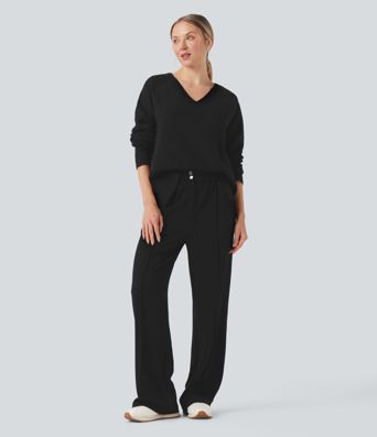 High Waisted Straight Leg Work Pants with Pockets