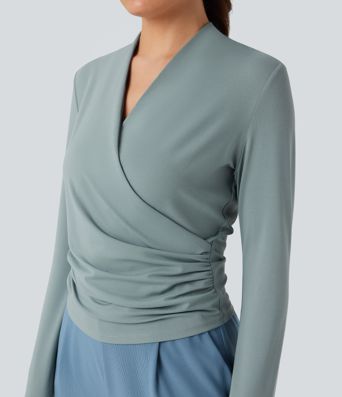 V-neck Long Sleeve Ruched Work Top