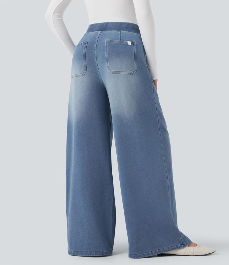 Halara Flex™ Mid Rise Wide Leg Flaredd French Terry Casual SweatTrousers Jeans with Pockets