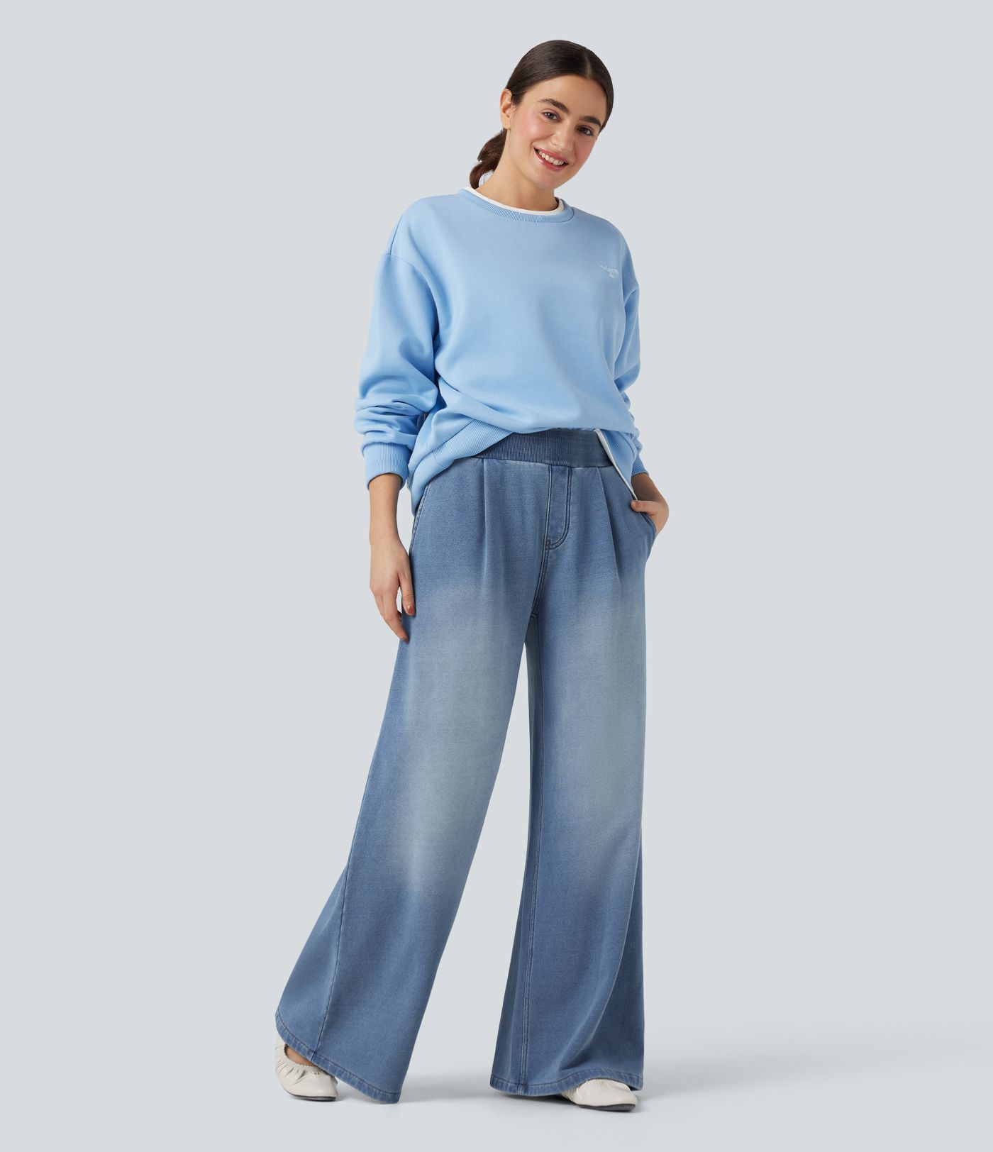 Halara Flex™ Mid Rise Wide Leg Flaredd French Terry Casual SweatTrousers Jeans with Pockets