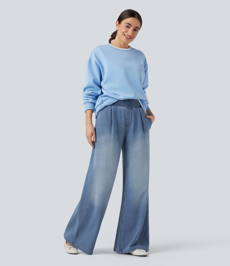 Halara Flex™ Mid Rise Wide Leg Flaredd French Terry Casual SweatTrousers Jeans with Pockets