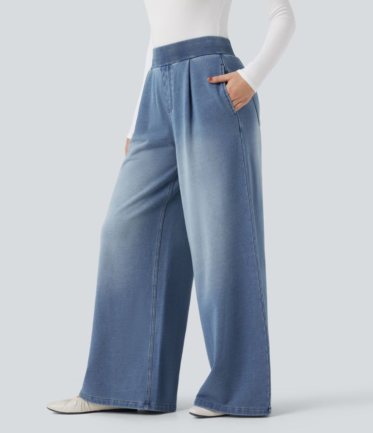 Halara Flex™ Mid Rise Wide Leg Flaredd French Terry Casual SweatTrousers Jeans with Pockets