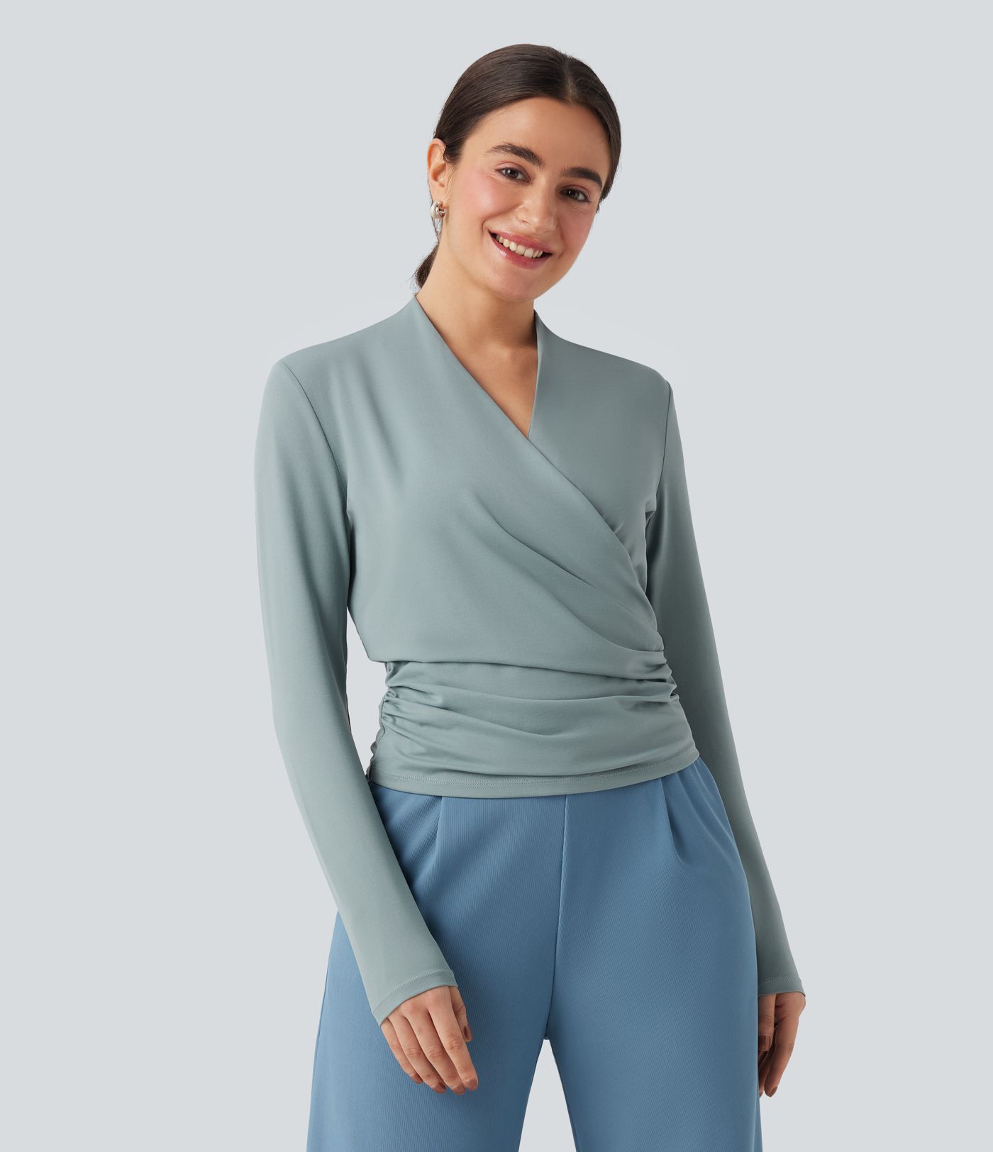 V-neck Long Sleeve Ruched Work Top