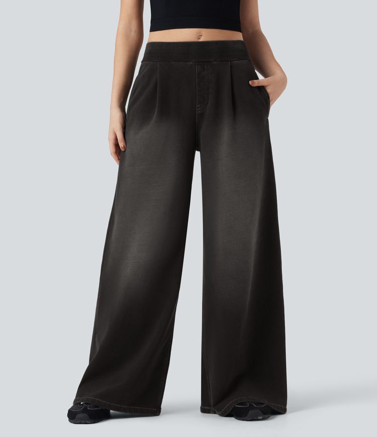Halara Flex™ Mid Rise Wide Leg Flare French Terry Casual Sweatpants Jeans with Pockets