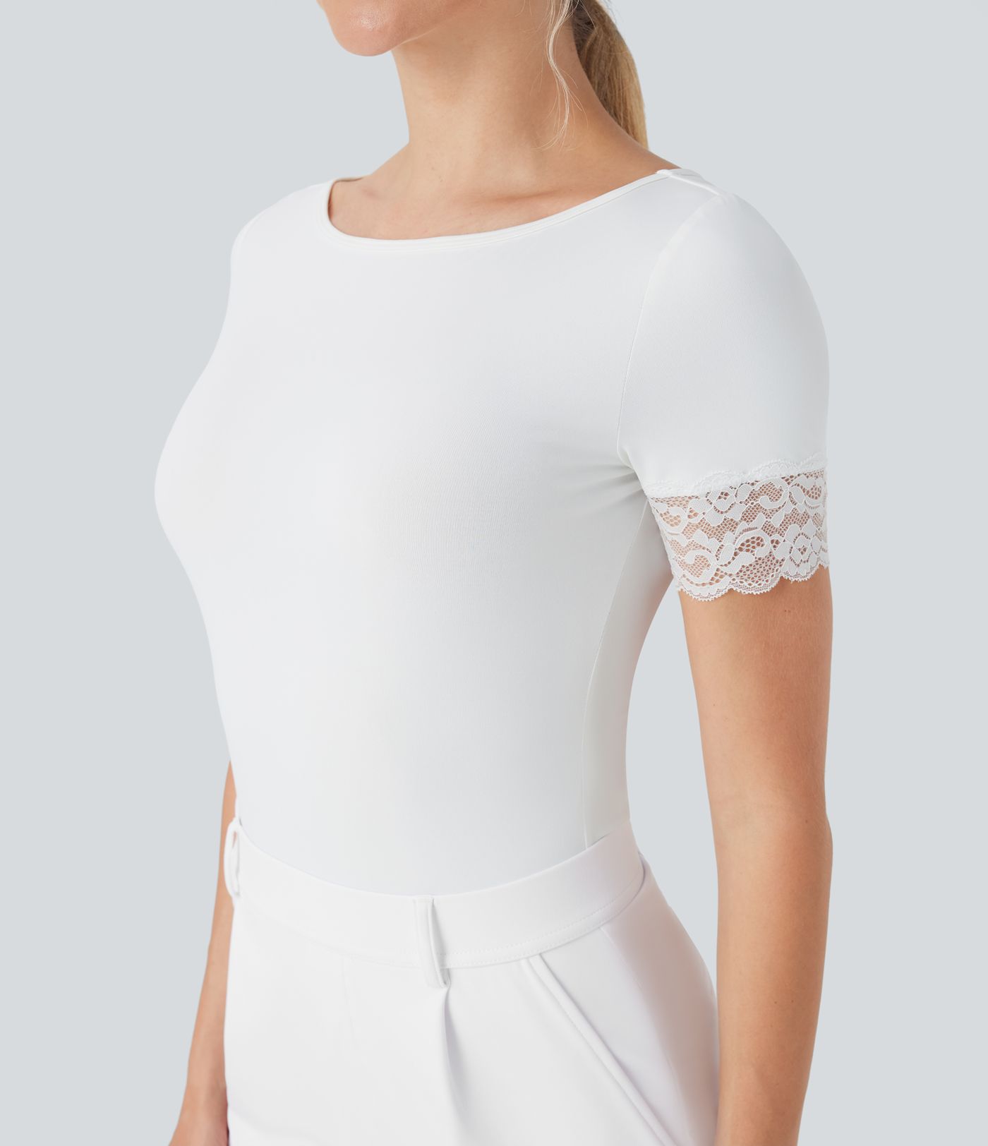 Boat Neck Short Sleeve Contrast Lace Work Bodysuit