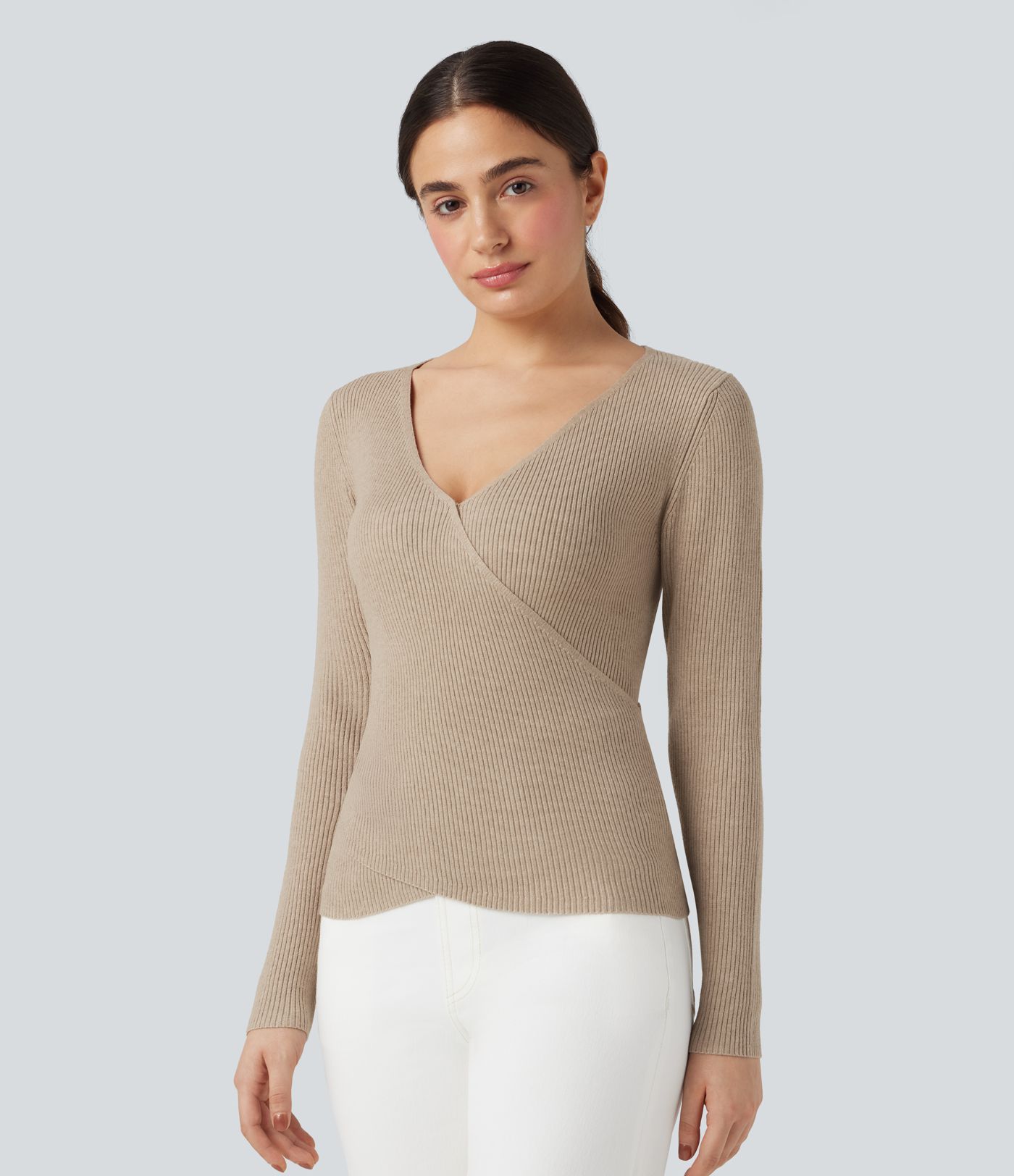 V-neck Long Sleeve Crossover Slim Work Sweater