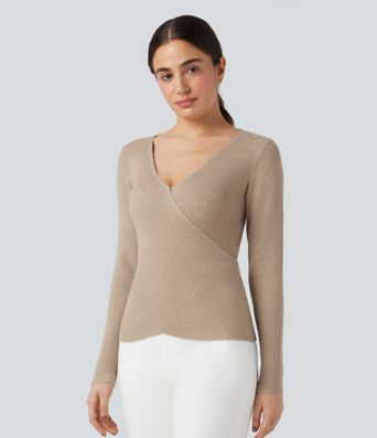 V-neck Long Sleeve Crossover Slim Work Sweater