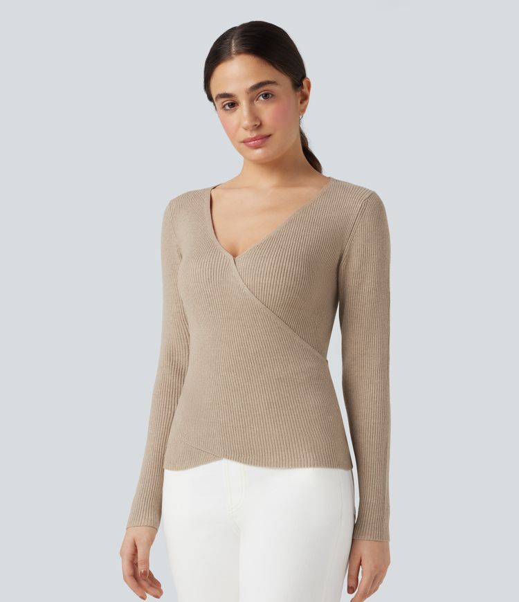 V-neck Long Sleeve Crossover Slim Work Sweater