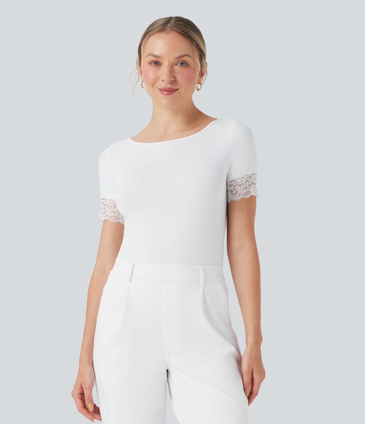 Boat Neck Short Sleeve Contrast Lace Work Bodysuit