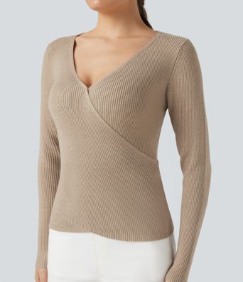 V-neck Long Sleeve Crossover Slim Work Sweater