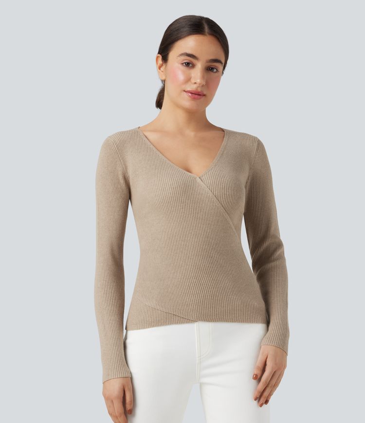 V-neck Long Sleeve Crossover Slim Work Sweater