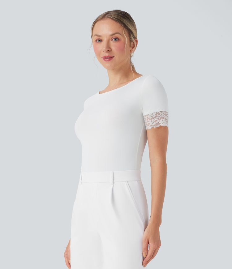 Boat Neck Short Sleeve Contrast Lace Work Bodysuit