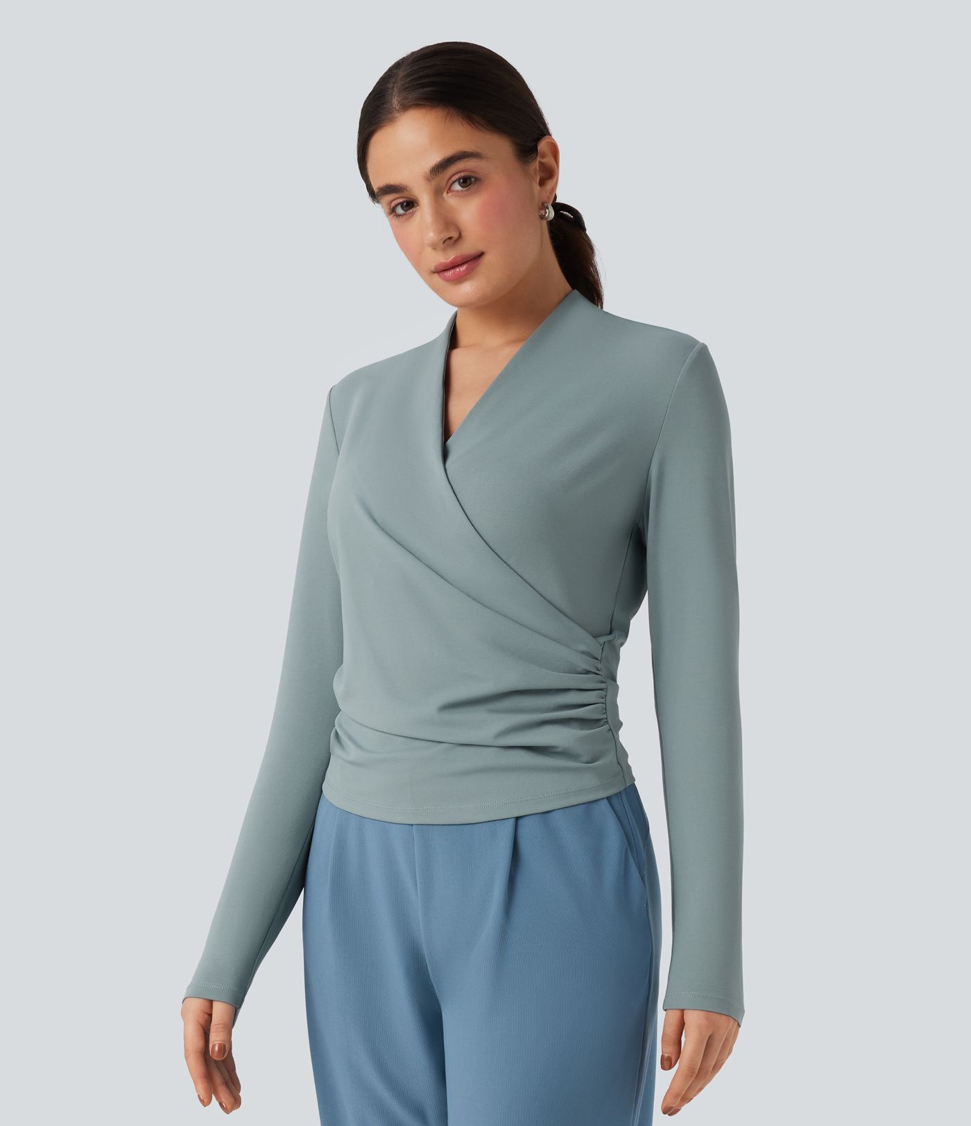 V-neck Long Sleeve Ruched Work Top