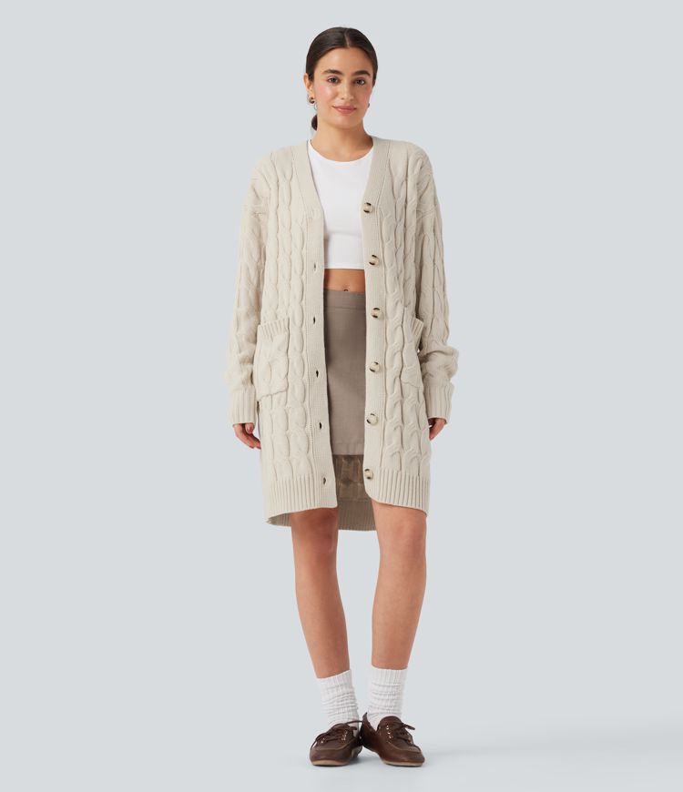 V Neck Long Sleeve Longline Casual Cardigan with Pockets