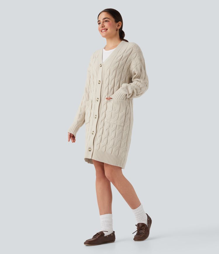 V Neck Long Sleeve Longline Casual Cardigan with Pockets