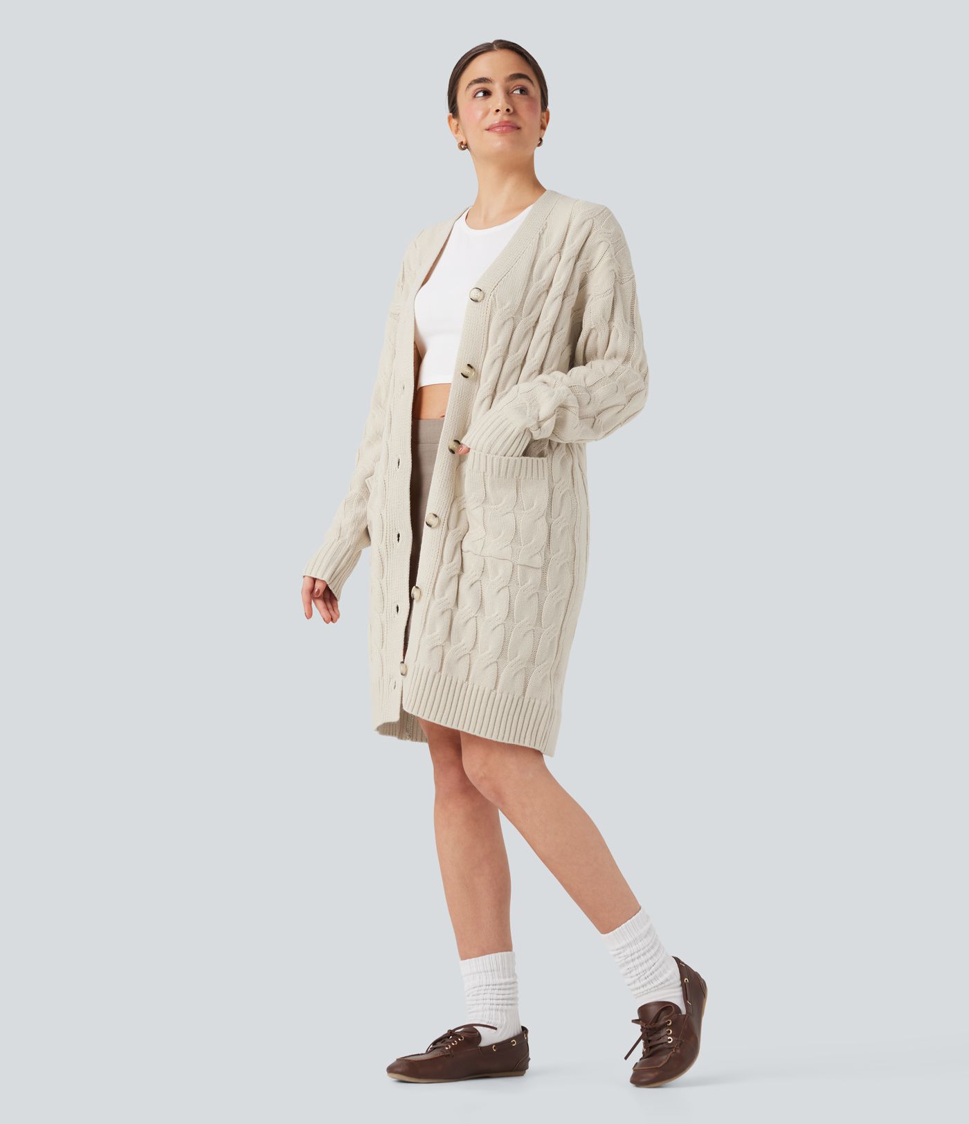 V Neck Long Sleeve Longline Casual Cardigan with Pockets