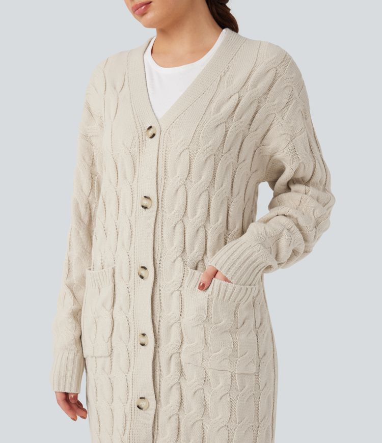 V Neck Long Sleeve Longline Casual Cardigan with Pockets