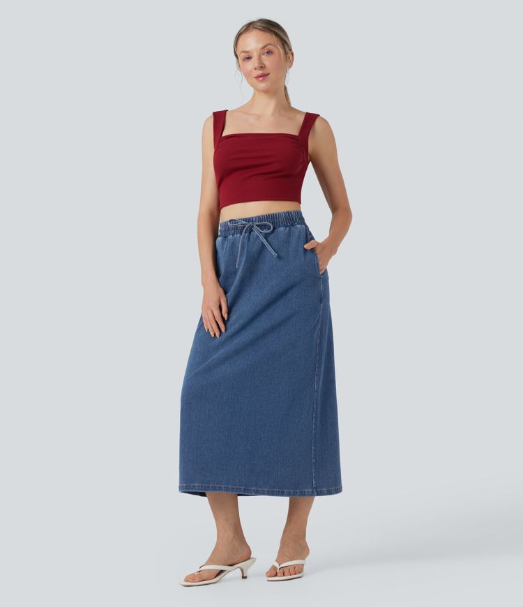 Halara Flex™ High Waisted Drawstring Split Midi Denim Casual Skirt with Pockets