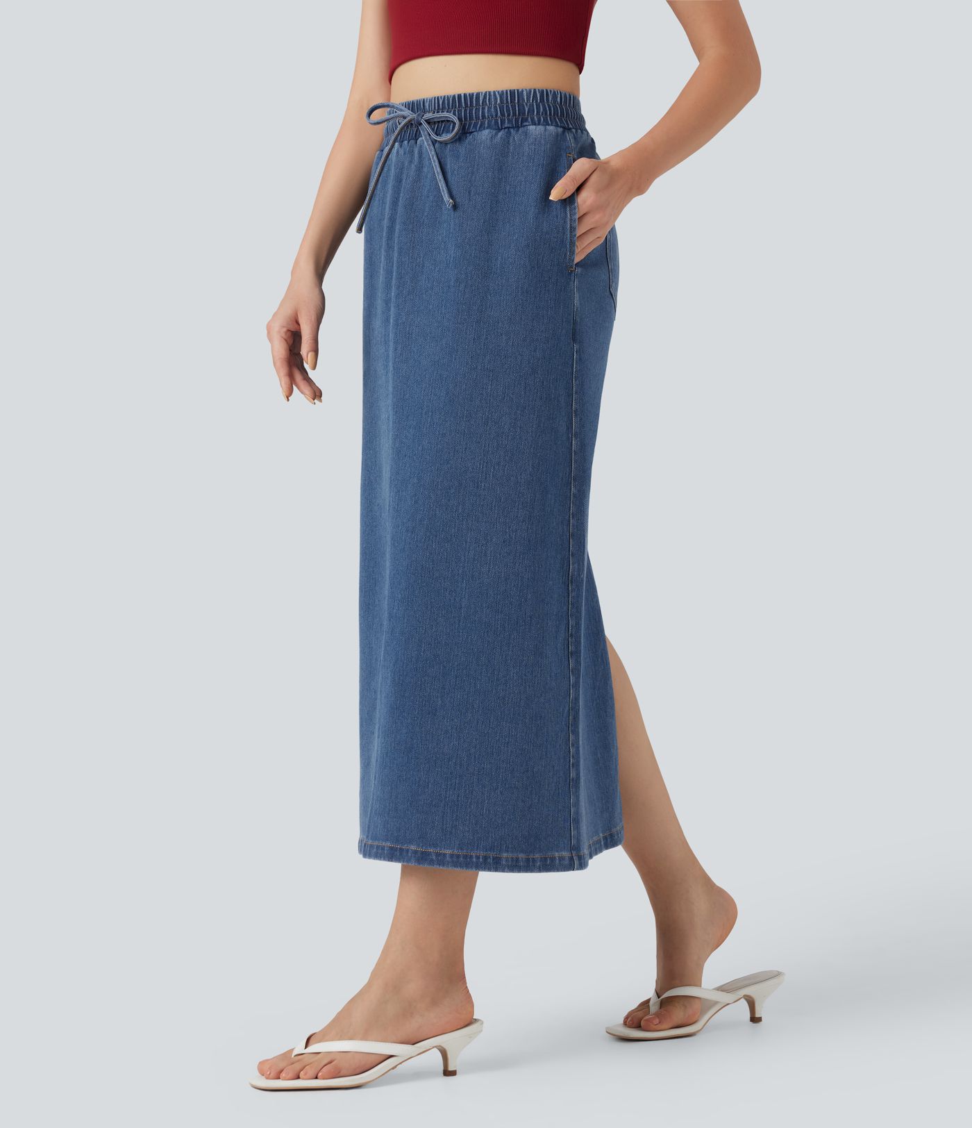 Halara Flex™ High Waisted Drawstring Split Midi Denim Casual Skirt with Pockets
