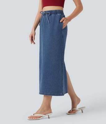 Halara Flex™ High Waisted Drawstring Split Midi Denim Casual Skirt with Pockets