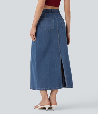 Halara Flex™ High Waisted Drawstring Split Midi Denim Casual Skirt with Pockets