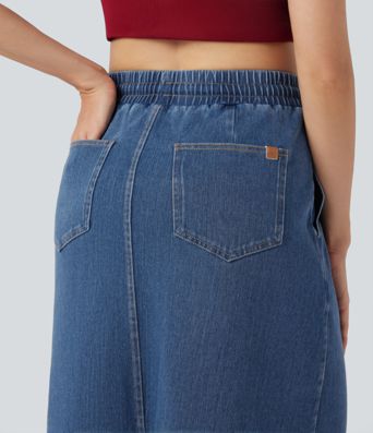Halara Flex™ High Waisted Drawstring Split Midi Denim Casual Skirt with Pockets