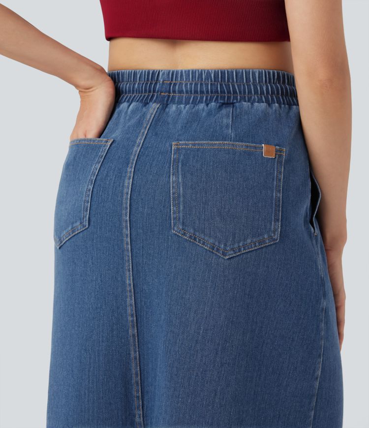 Halara Flex™ High Waisted Drawstring Split Midi Denim Casual Skirt with Pockets
