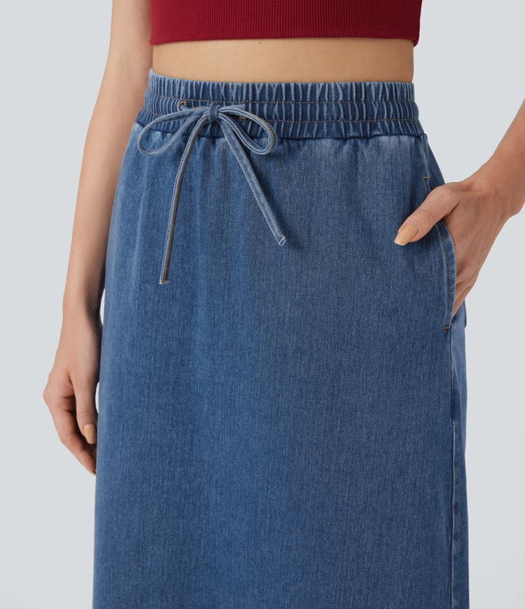 Halara Flex™ High Waisted Drawstring Split Midi Denim Casual Skirt with Pockets