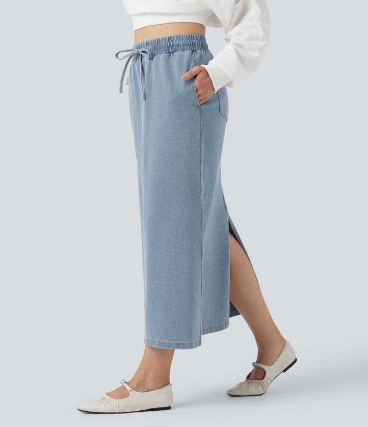 Halara Flex™ High Waisted Drawstring Split Midi Denim Casual Skirt with Pockets