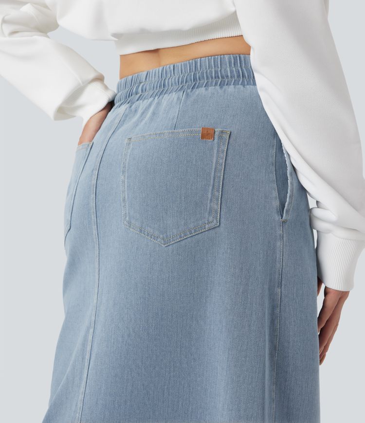 Halara Flex™ High Waisted Drawstring Split Midi Denim Casual Skirt with Pockets