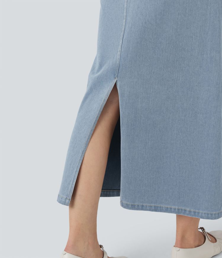 Halara Flex™ High Waisted Drawstring Split Midi Denim Casual Skirt with Pockets