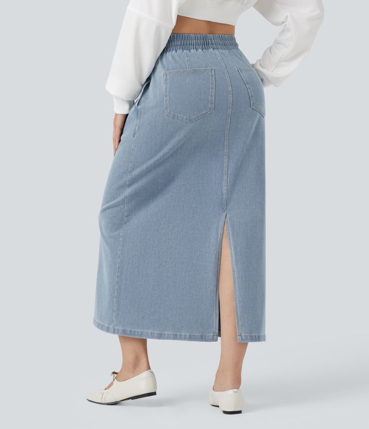 Halara Flex™ High Waisted Drawstring Split Midi Denim Casual Skirt with Pockets
