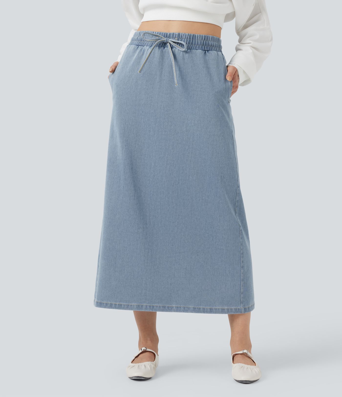 Halara Flex™ High Waisted Drawstring Split Midi Denim Casual Skirt with Pockets