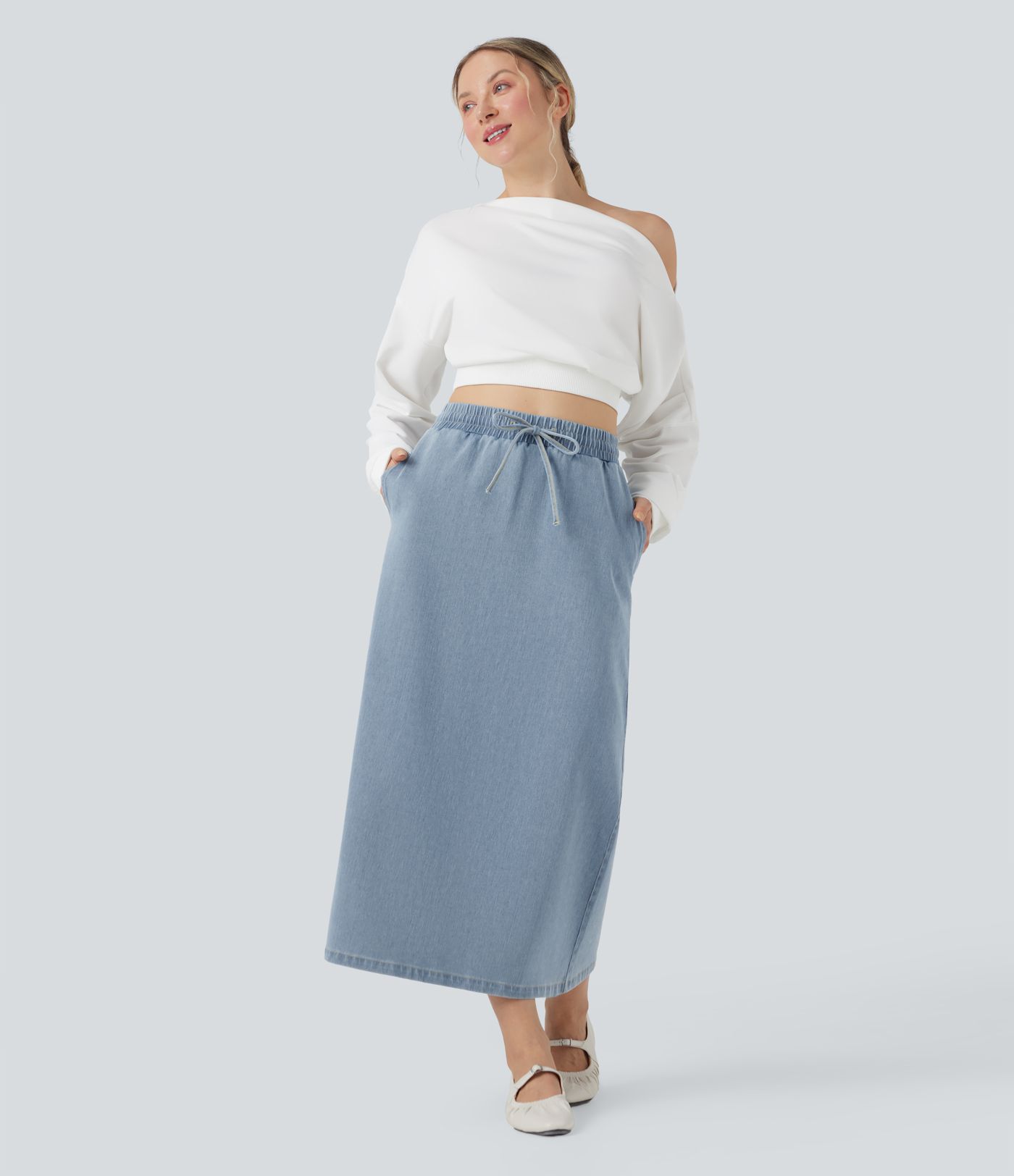 Halara Flex™ High Waisted Drawstring Split Midi Denim Casual Skirt with Pockets