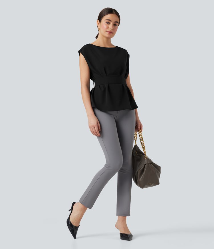 Anti-wrinkle Boat Neck Sleeveless Tie Back Work Blouse